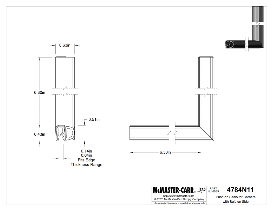 Technical Drawing of Push-on Edge Seals for Corners with Bulb on Side, Fits 3/64" to 1/8" Thick Edge, 6-1/4" Leg Length .